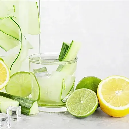 Refreshing cucumber and citrus drink with ice.