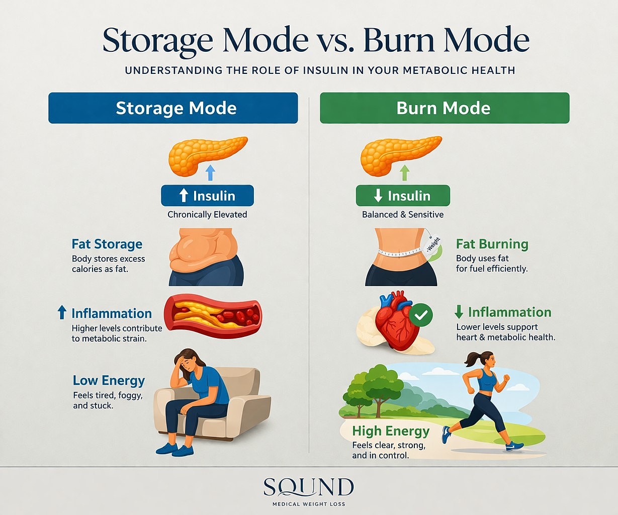 Comparison of storage and burn modes in metabolism.
