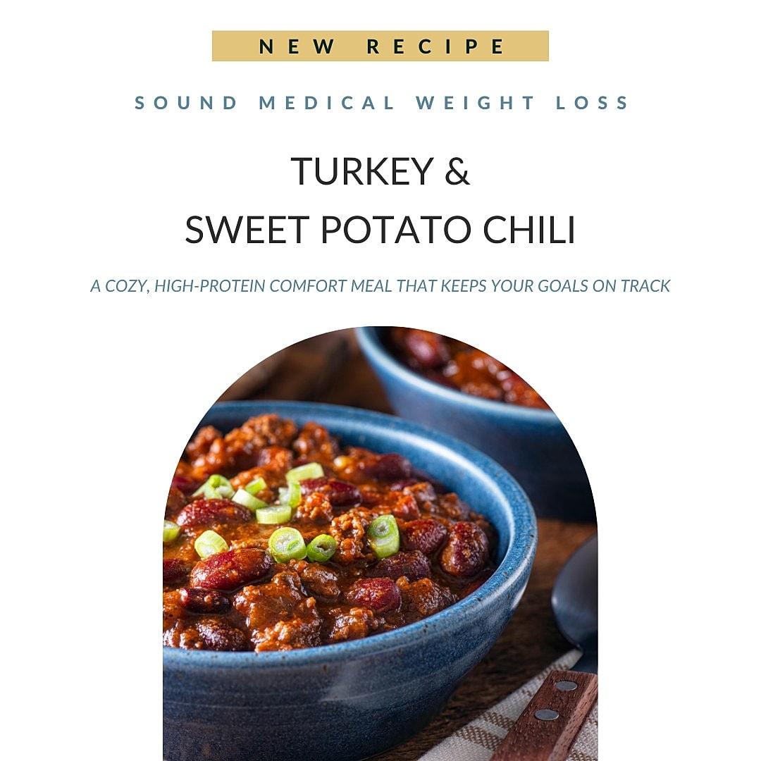 Turkey and sweet potato chili in blue bowls