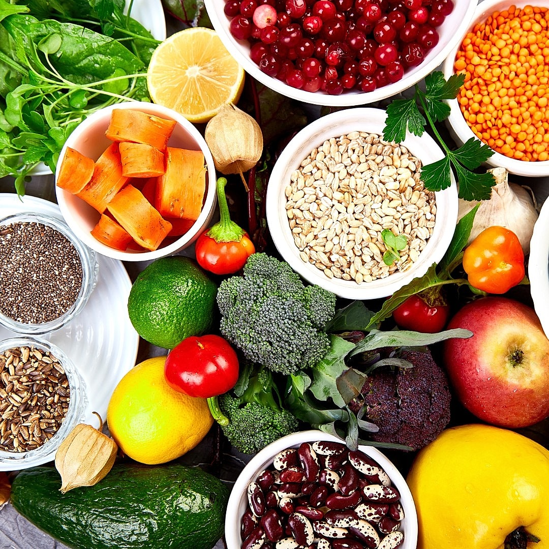 Colorful assortment of fresh fruits and vegetables.