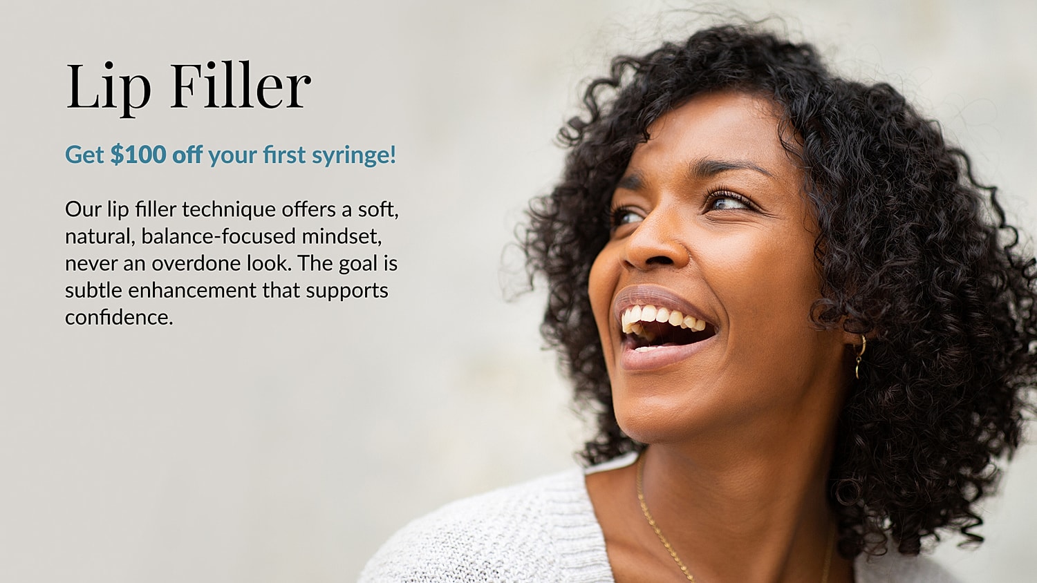 Happy woman promoting lip filler treatment.